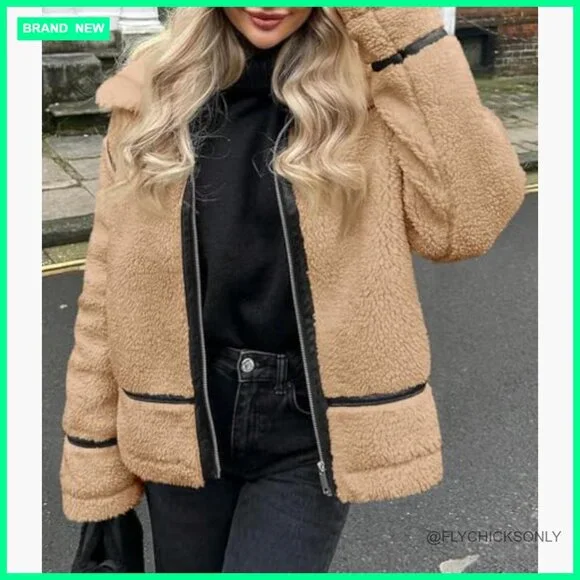 Faux Fur Jacket with Sherpa Lining and Leather Patchwork